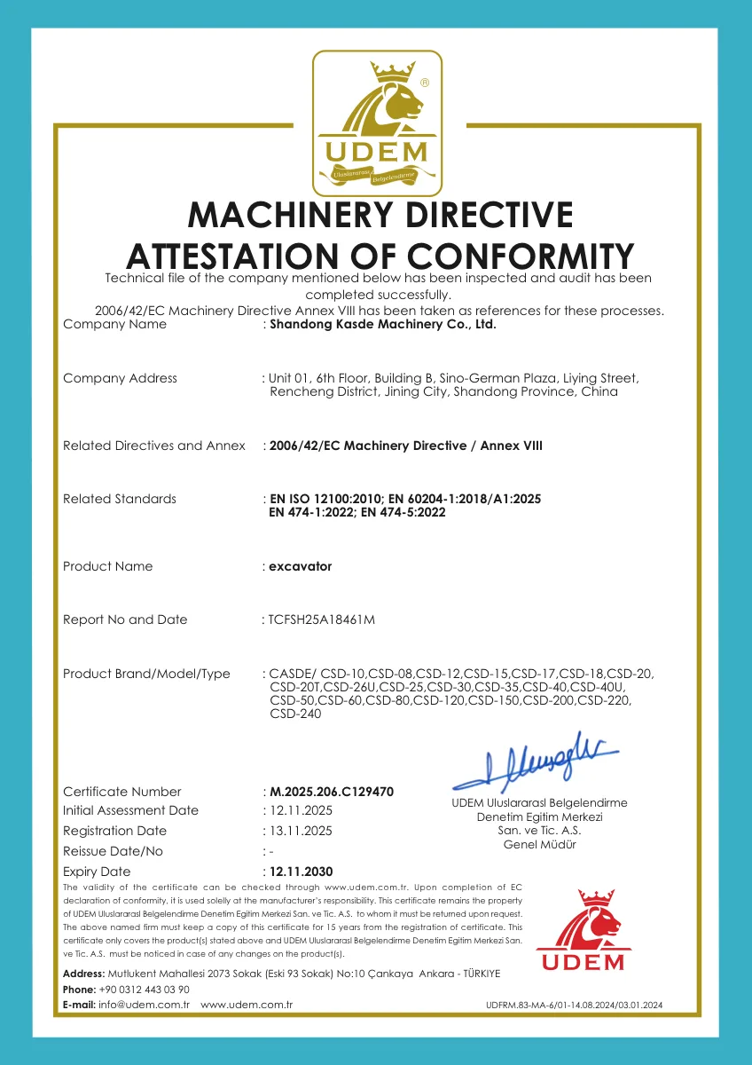 CE certificate for CASDE excavators