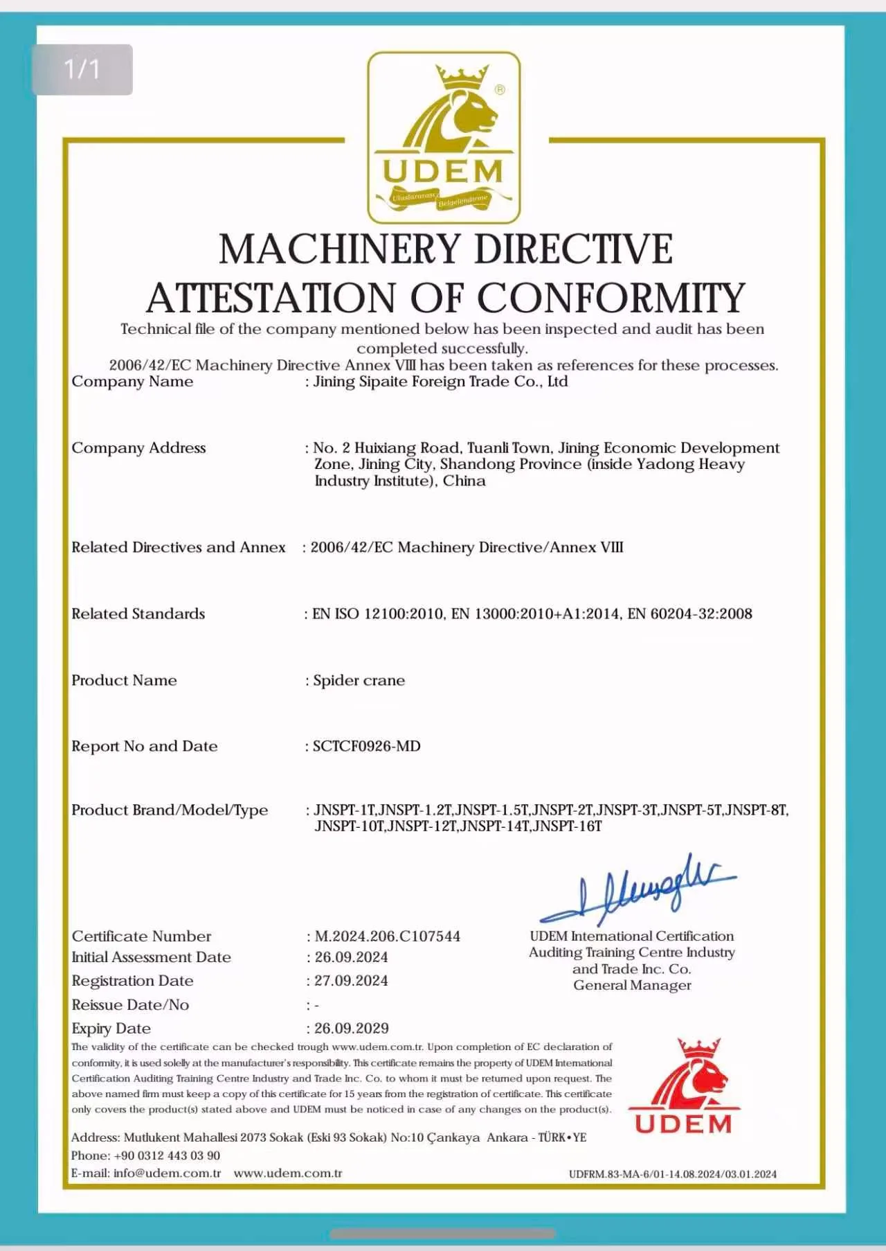 CE certificate for CASDE spider cranes