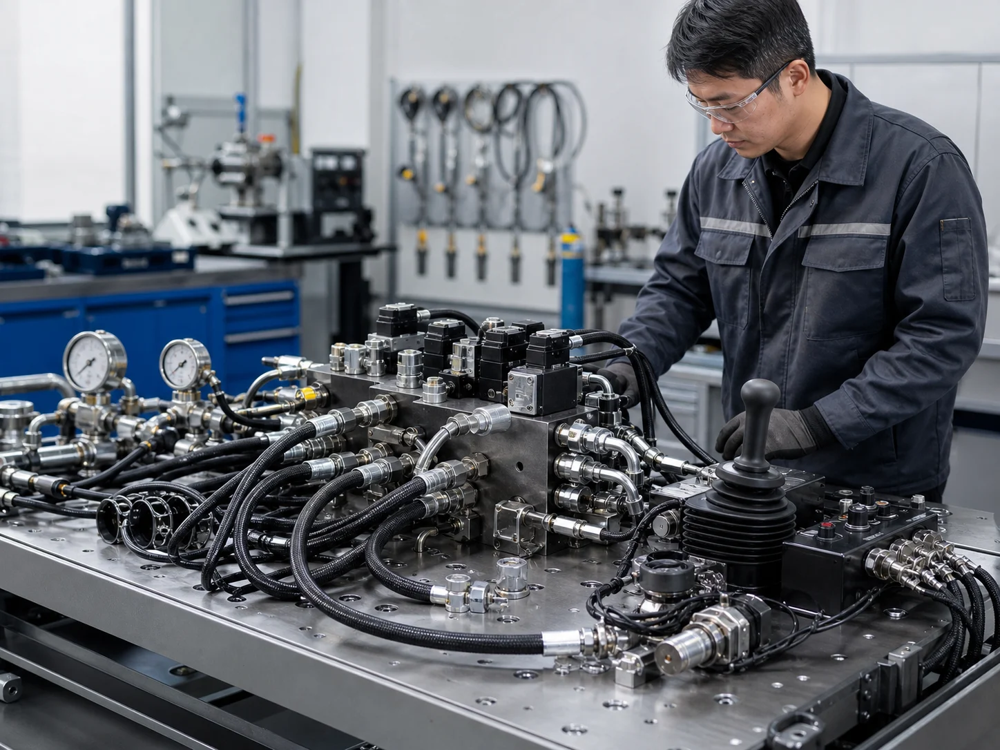 Hydraulic hoses, valve manifold and control configuration