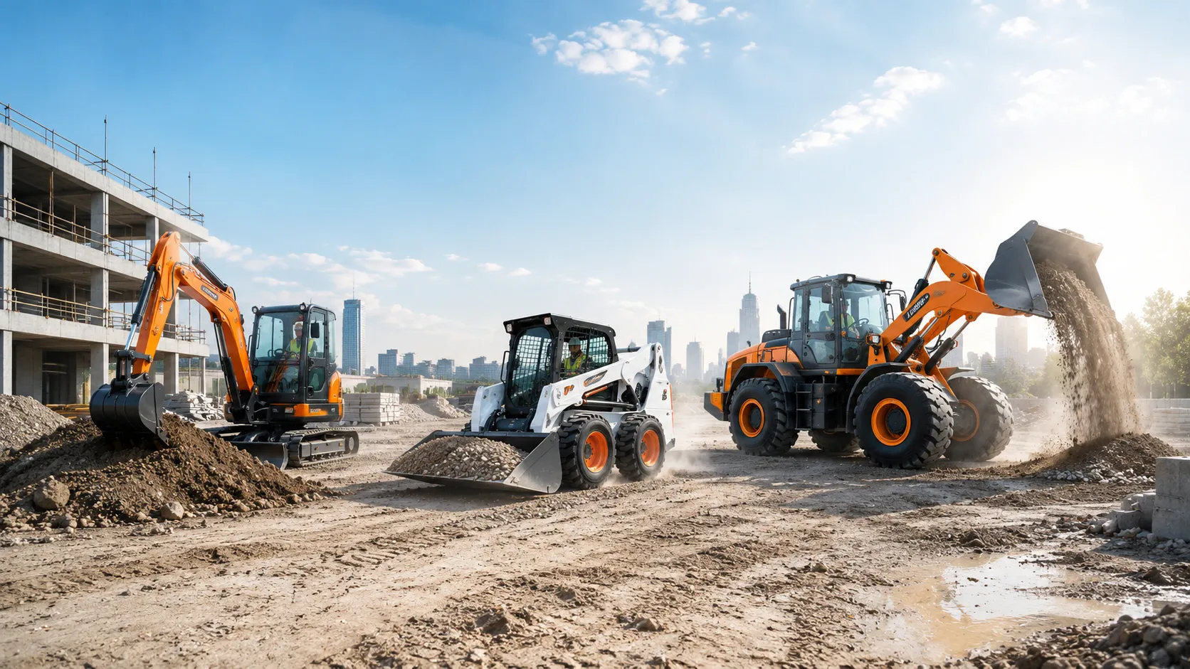 CASDE mini excavator skid steer loader and wheel loader working on a construction site