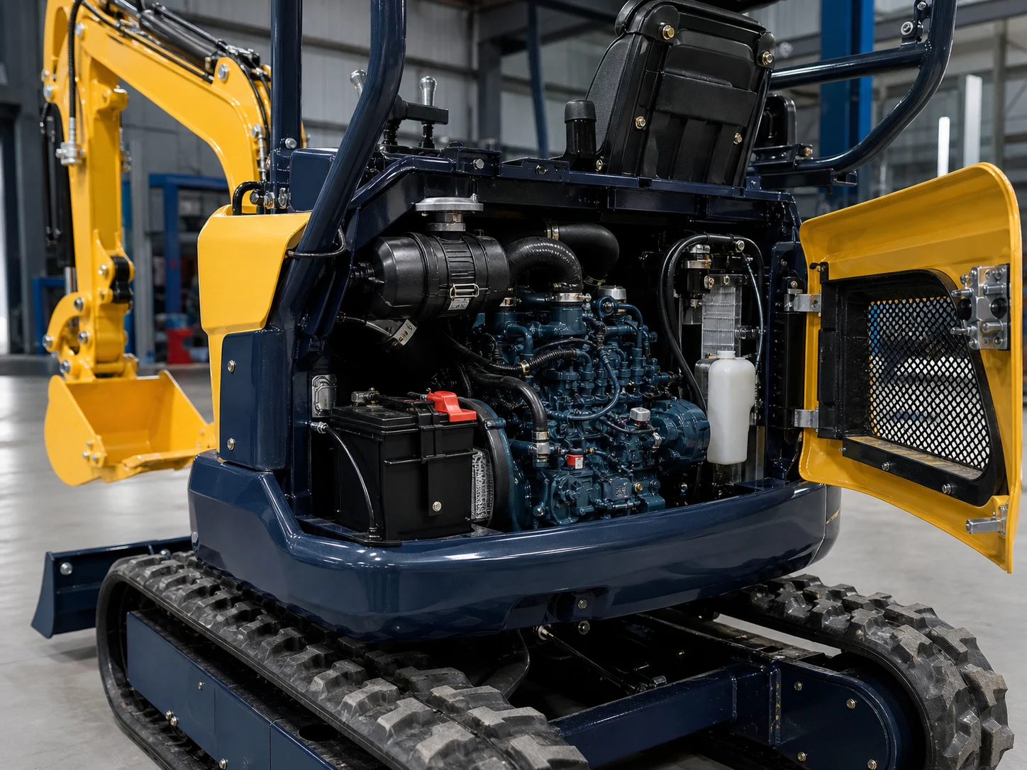 Mini excavator power system and engine compartment