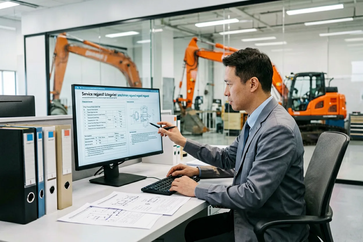 Technical support team classifying a machine service request