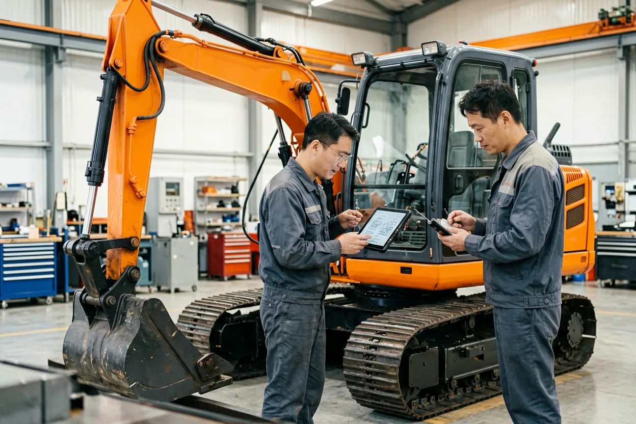 Engineers reviewing compact excavator service information