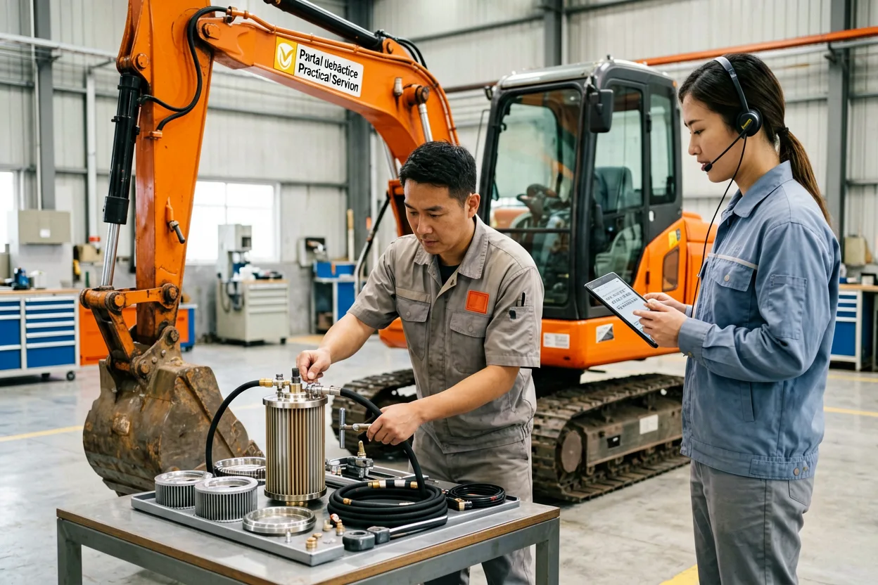 Service technician preparing machinery parts and guidance